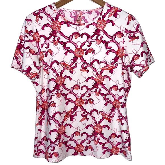 Lands’ End Short Sleeve Crew Neck Coral Shells Swim Tee Rash Guard Size Small - Picture 1 of 9
